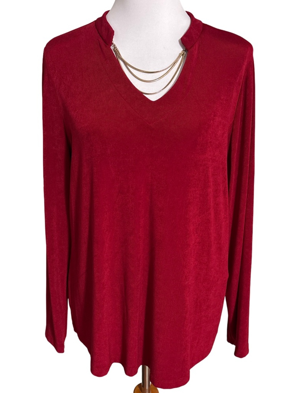 Chico's Travelers Deep Red V Neck Long Sleeve Top Chain